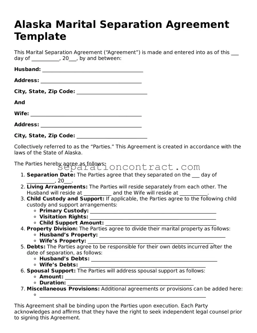 Valid Marital Separation Agreement Form for the State of Alaska