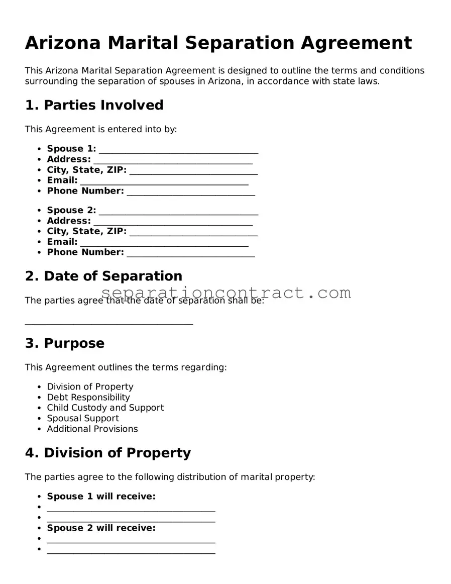 Valid Marital Separation Agreement Form for the State of Arizona