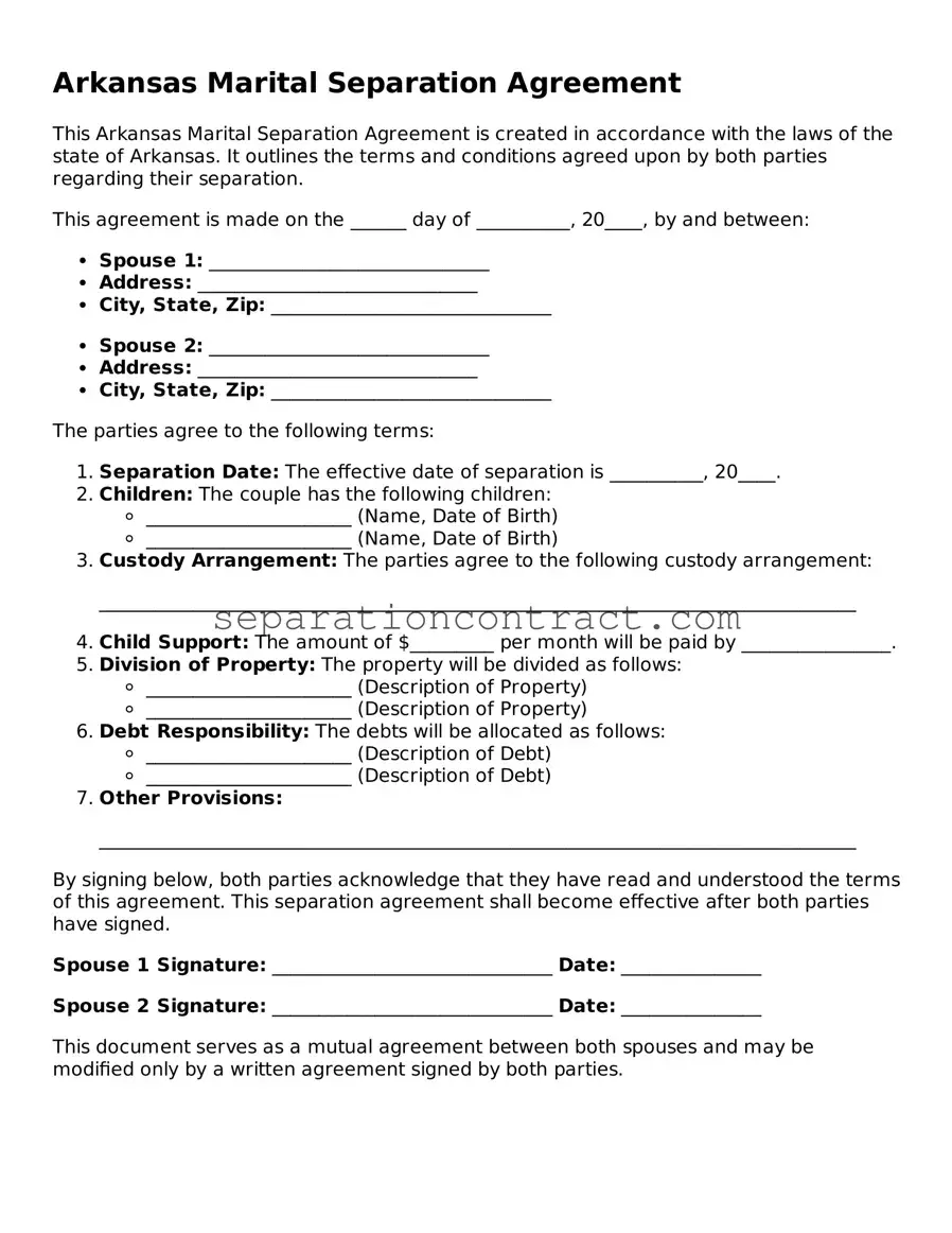 Valid Marital Separation Agreement Form for the State of Arkansas