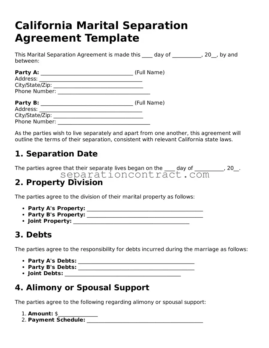 Valid Marital Separation Agreement Form for the State of California