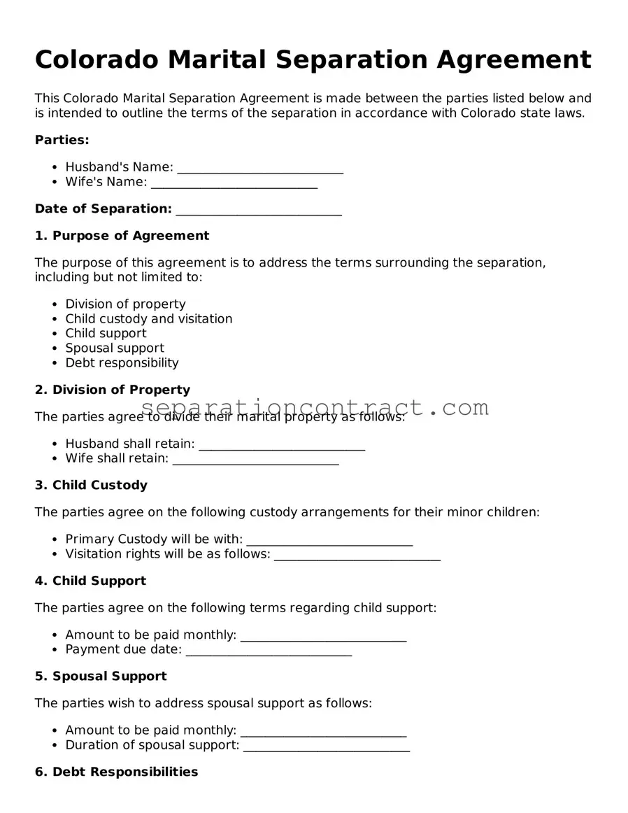 Valid Marital Separation Agreement Form for the State of Colorado