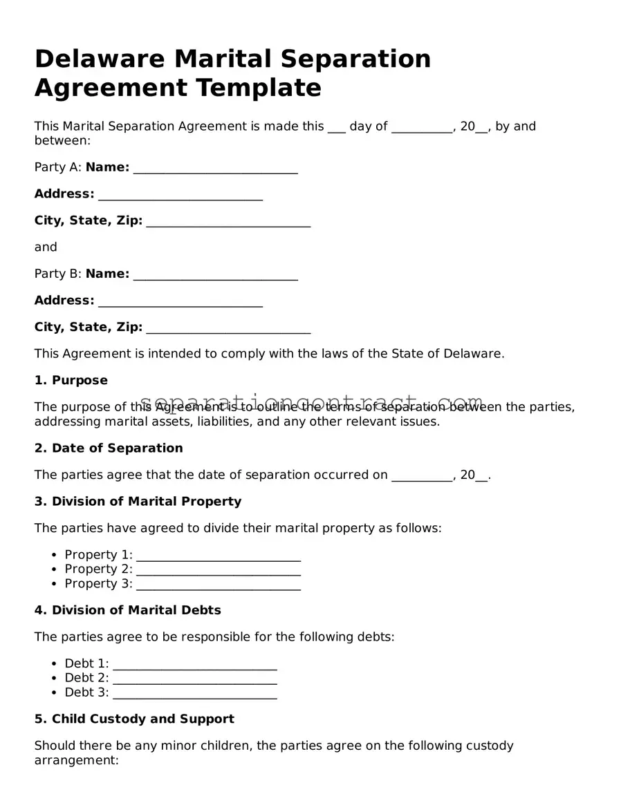 Valid Marital Separation Agreement Form for the State of Delaware