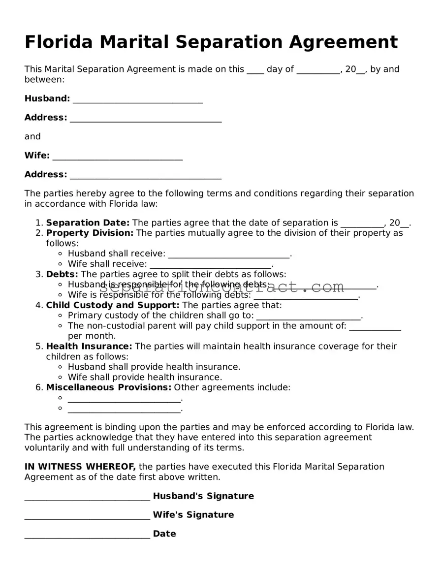 Valid Marital Separation Agreement Form for the State of Florida