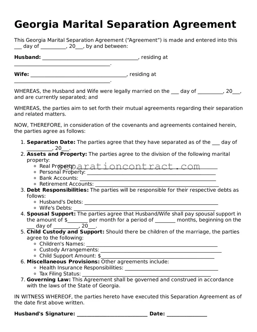 Valid Marital Separation Agreement Form for the State of Georgia