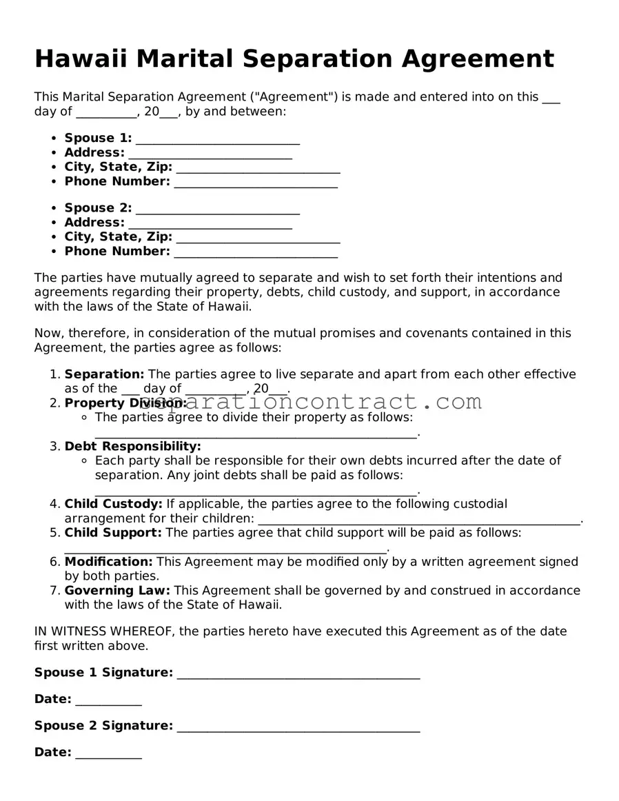 Valid Marital Separation Agreement Form for the State of Hawaii