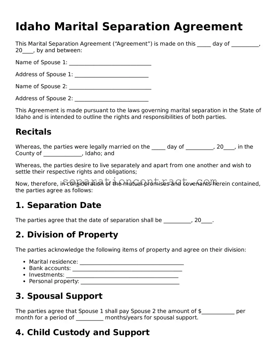 Valid Marital Separation Agreement Form for the State of Idaho