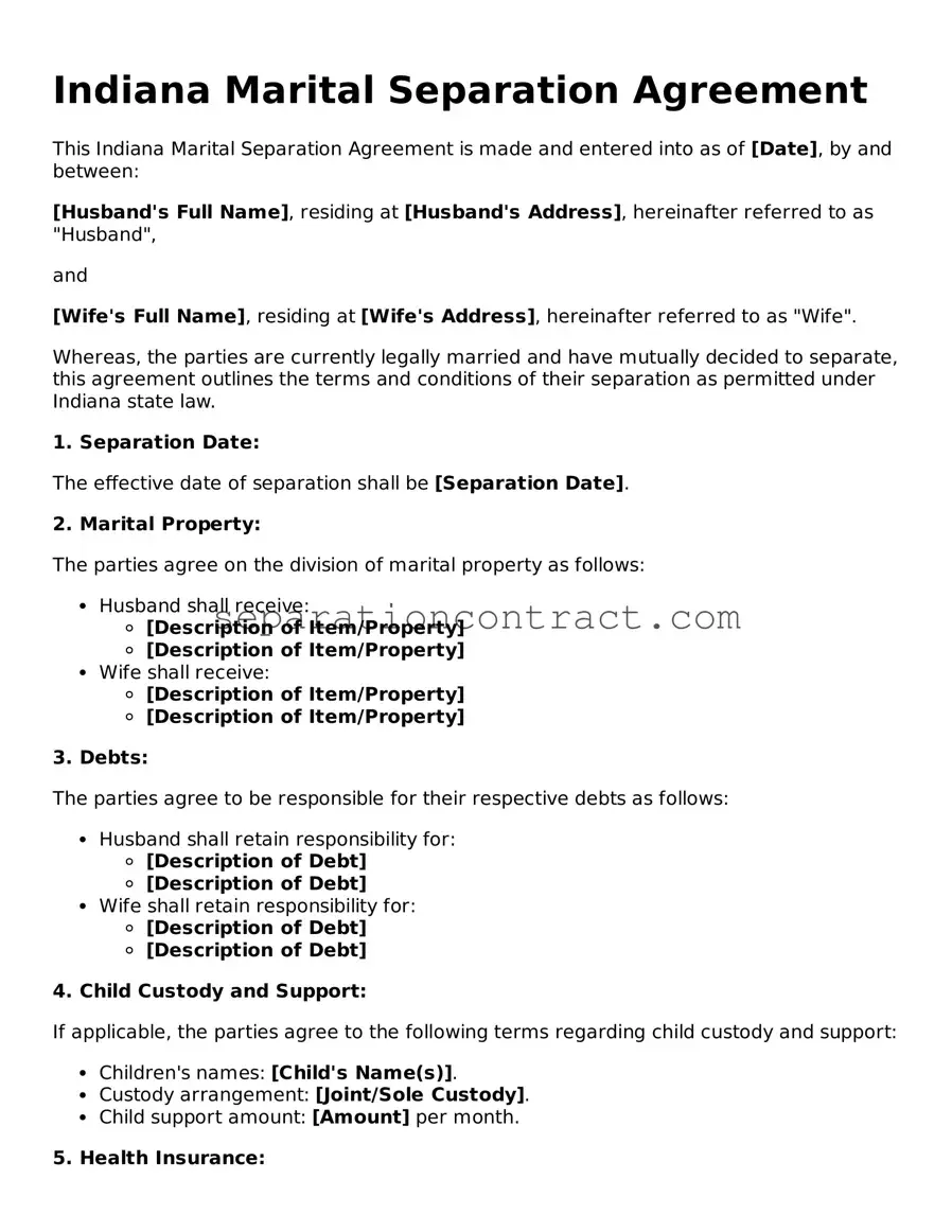 Valid Marital Separation Agreement Form for the State of Indiana