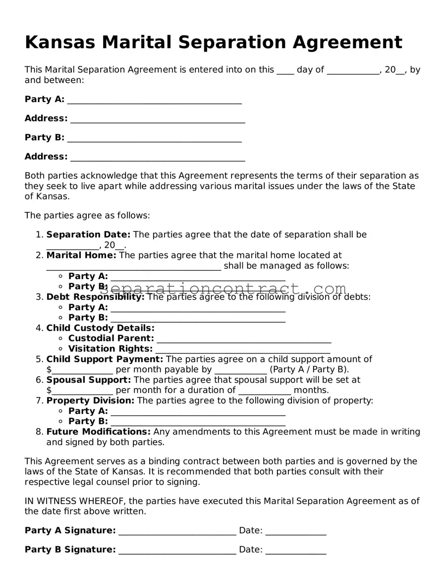 Valid Marital Separation Agreement Form for the State of Kansas