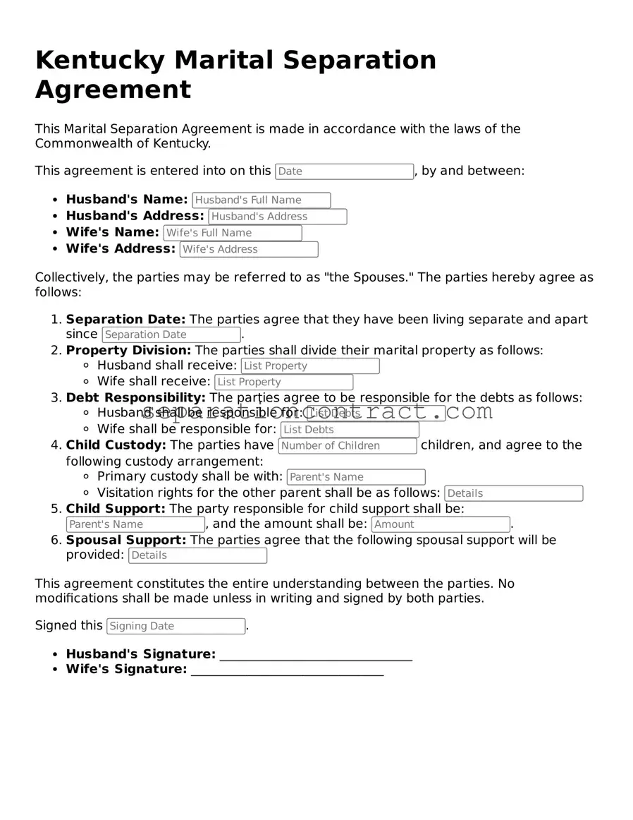 Valid Marital Separation Agreement Form for the State of Kentucky