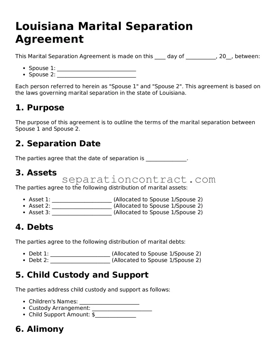 Valid Marital Separation Agreement Form for the State of Louisiana
