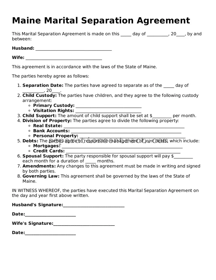 Valid Marital Separation Agreement Form for the State of Maine