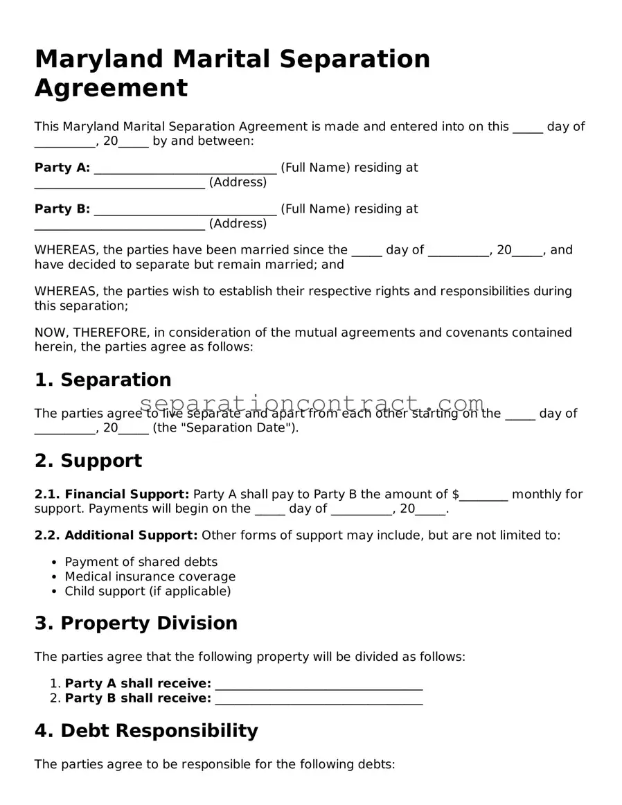 Valid Marital Separation Agreement Form for the State of Maryland