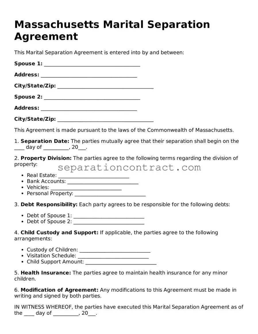 Valid Marital Separation Agreement Form for the State of Massachusetts
