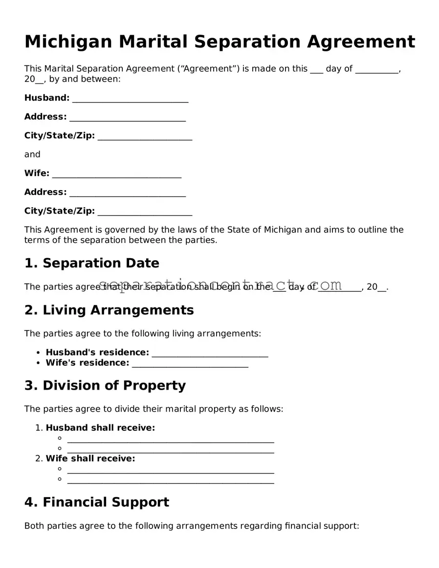 Valid Marital Separation Agreement Form for the State of Michigan