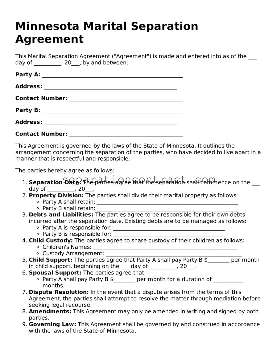 Valid Marital Separation Agreement Form for the State of Minnesota