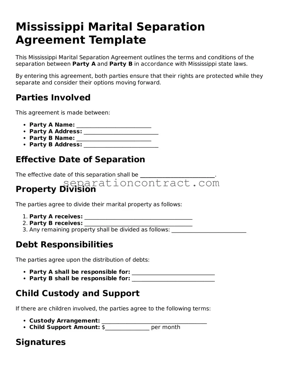 Valid Marital Separation Agreement Form for the State of Mississippi