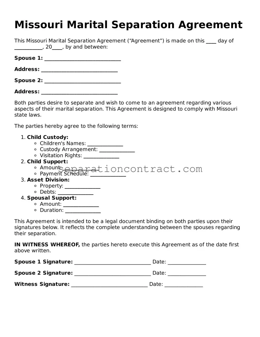 Valid Marital Separation Agreement Form for the State of Missouri