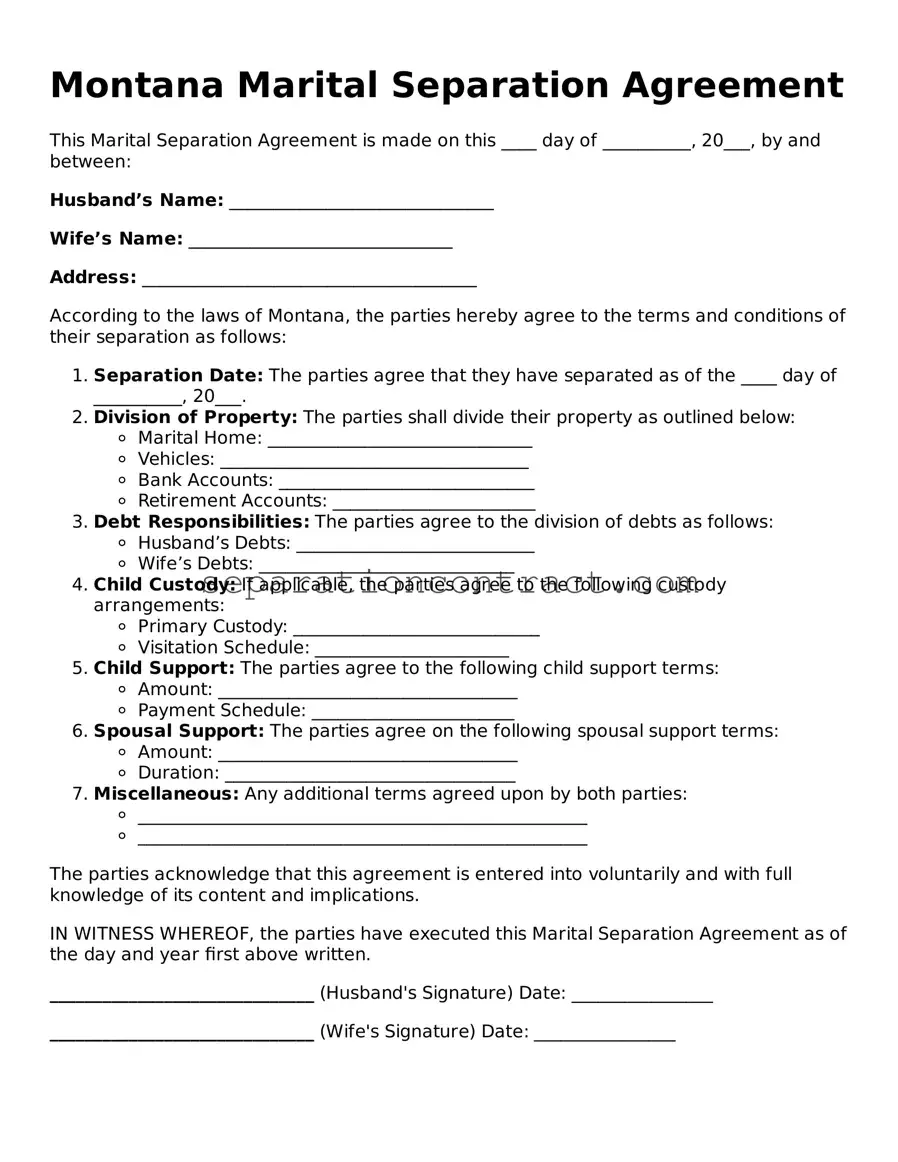 Valid Marital Separation Agreement Form for the State of Montana