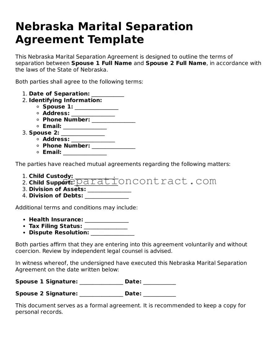 Valid Marital Separation Agreement Form for the State of Nebraska