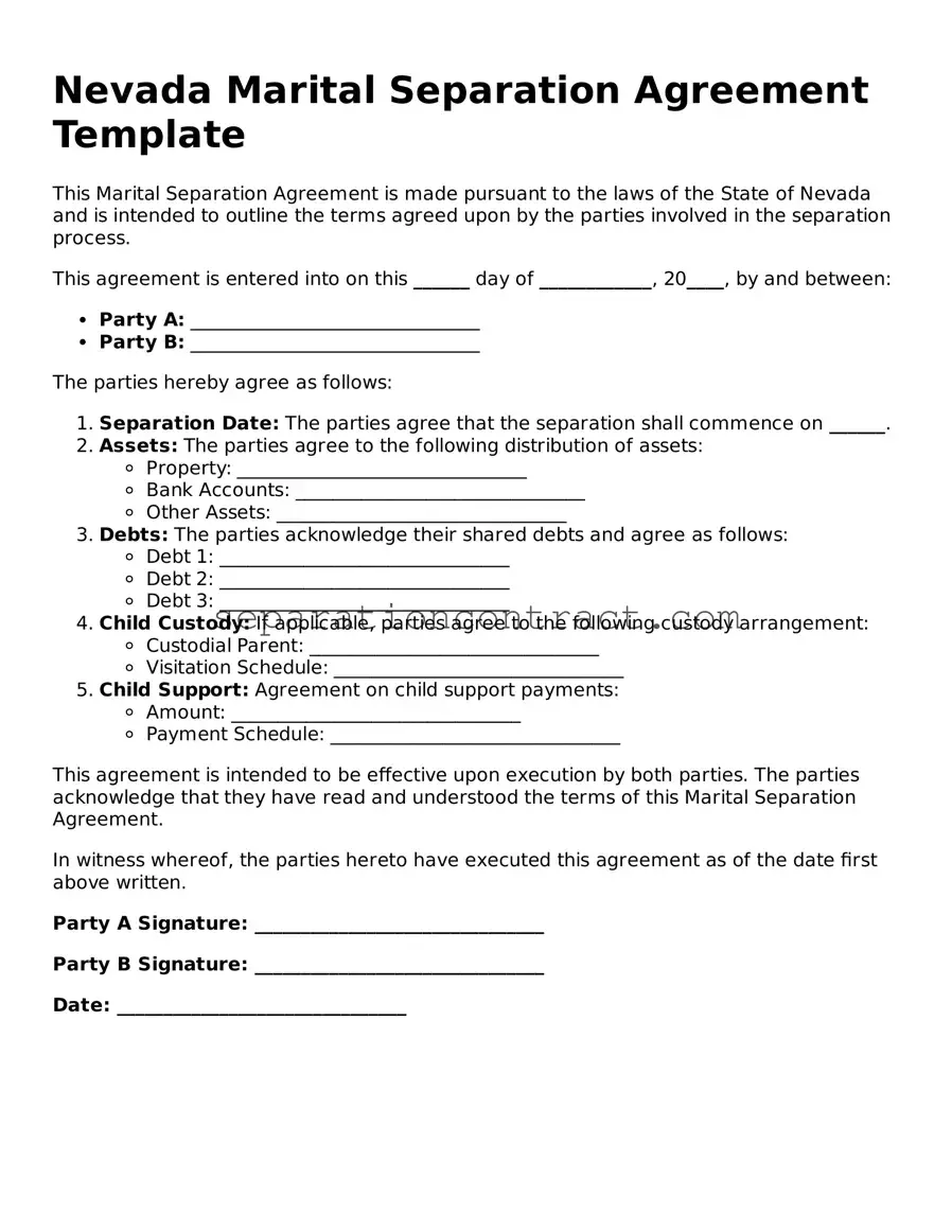 Valid Marital Separation Agreement Form for the State of Nevada