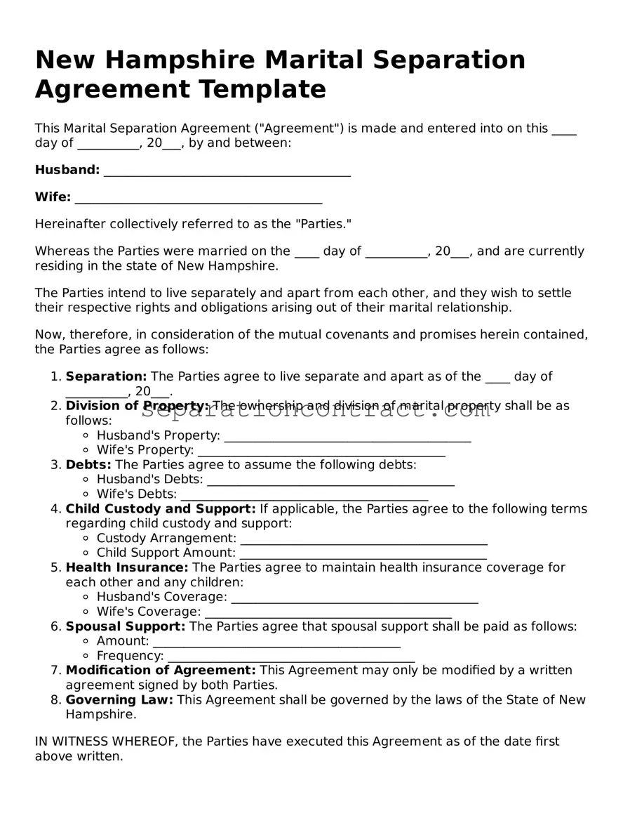 Valid Marital Separation Agreement Form for the State of New Hampshire