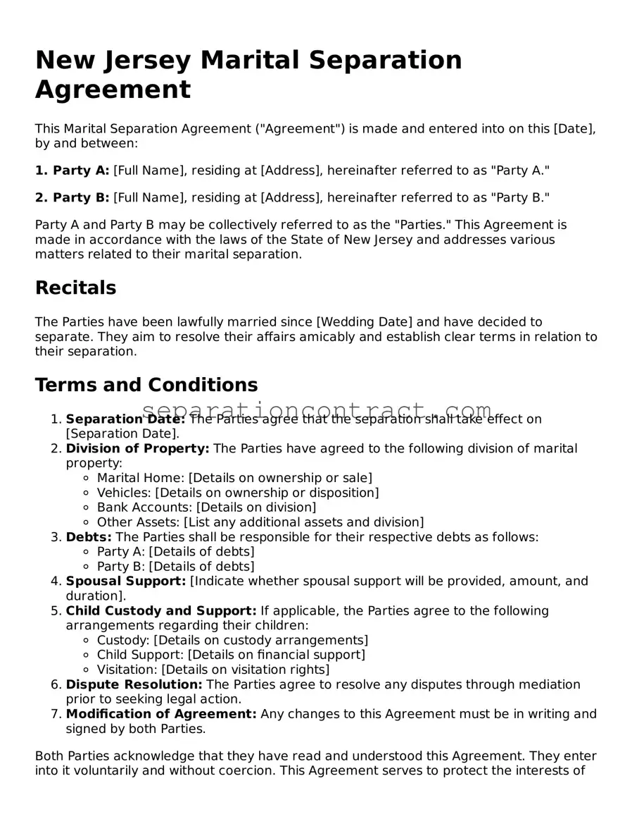 Valid Marital Separation Agreement Form for the State of New Jersey