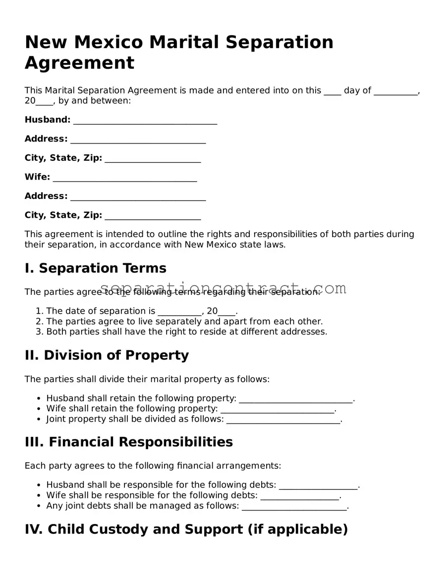 Valid Marital Separation Agreement Form for the State of New Mexico