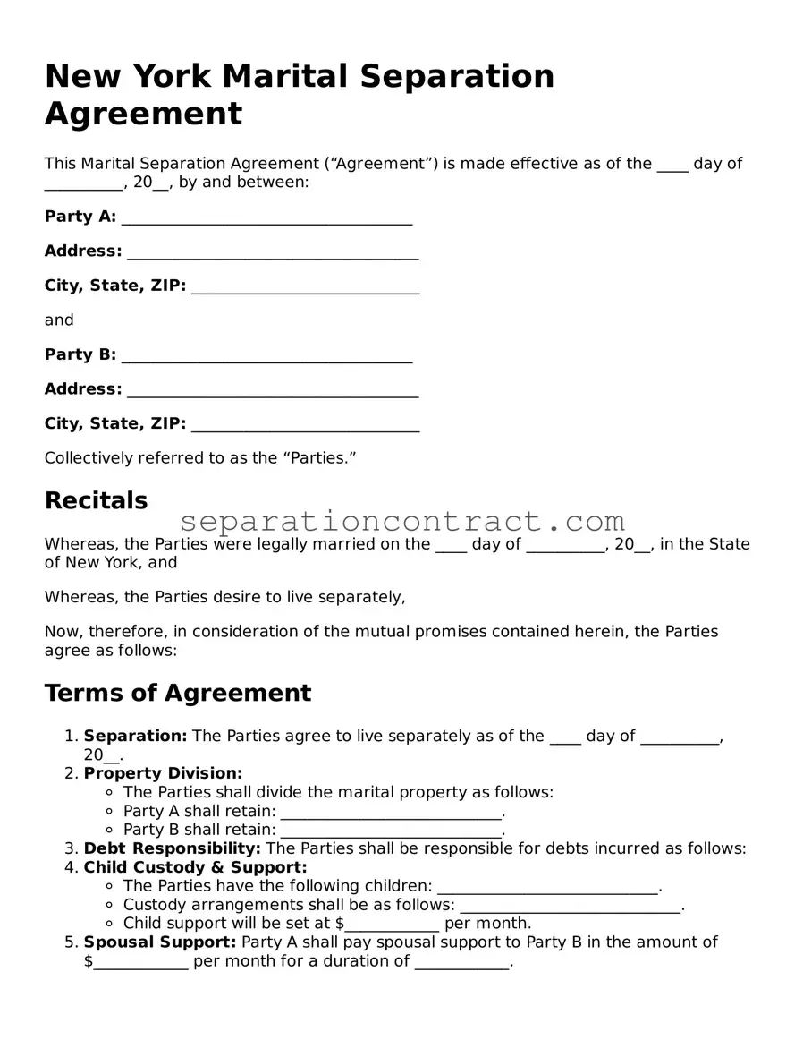 Valid Marital Separation Agreement Form for the State of New York