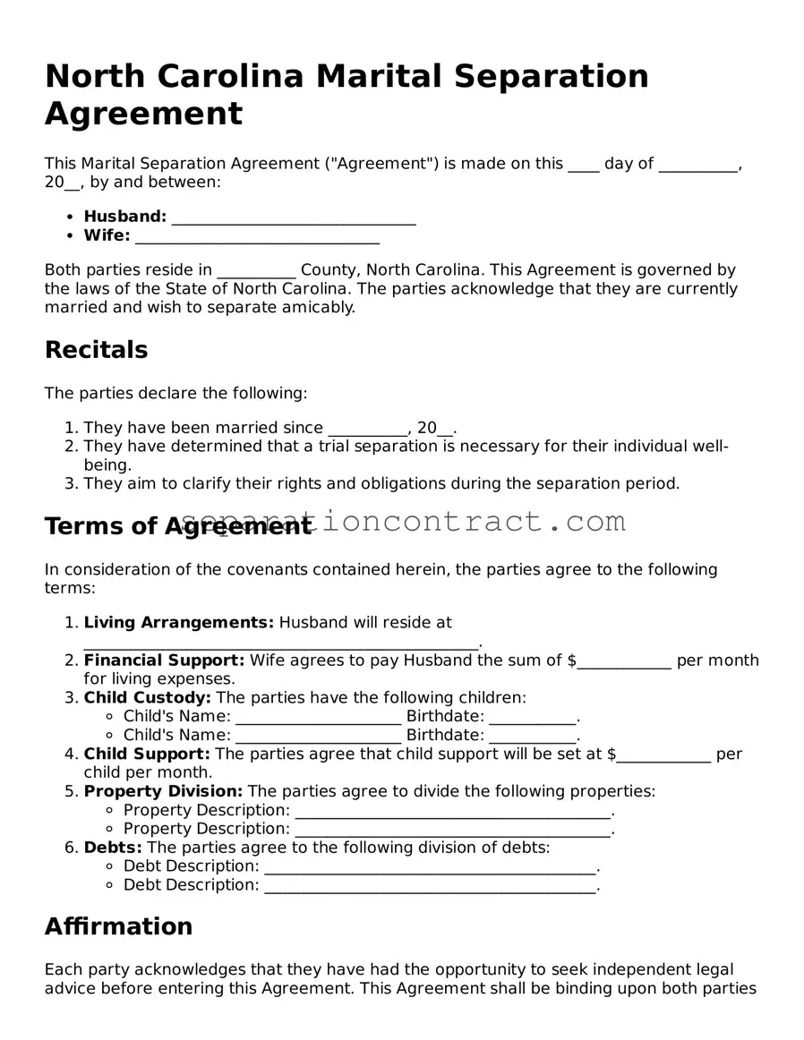 Valid Marital Separation Agreement Form for the State of North Carolina