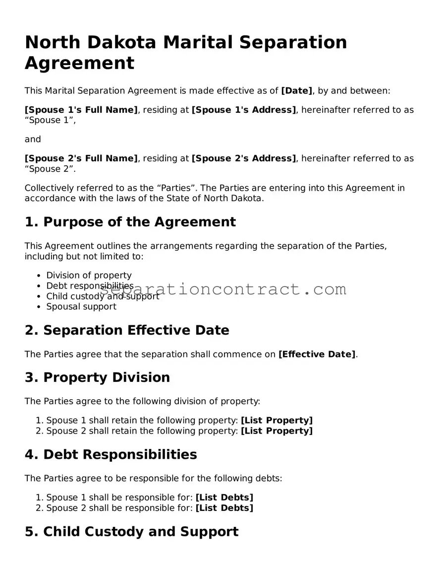 Valid Marital Separation Agreement Form for the State of North Dakota