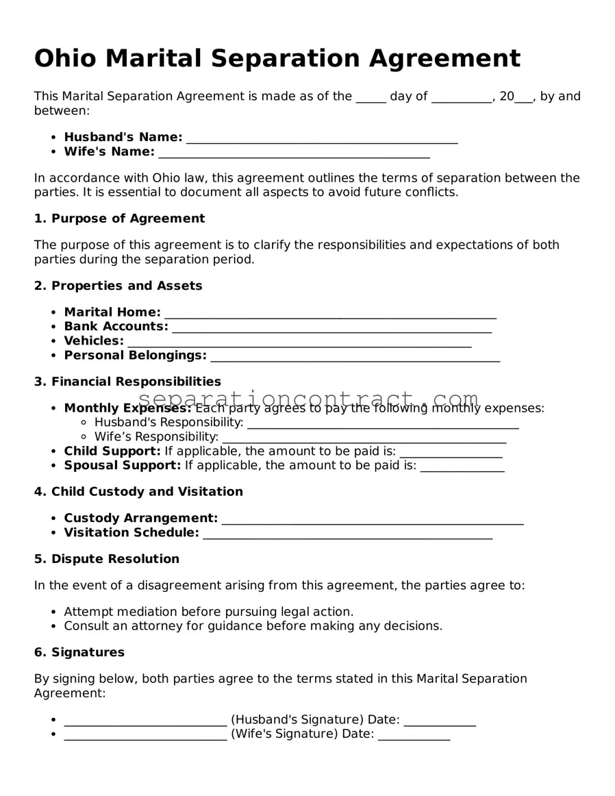 Valid Marital Separation Agreement Form for the State of Ohio