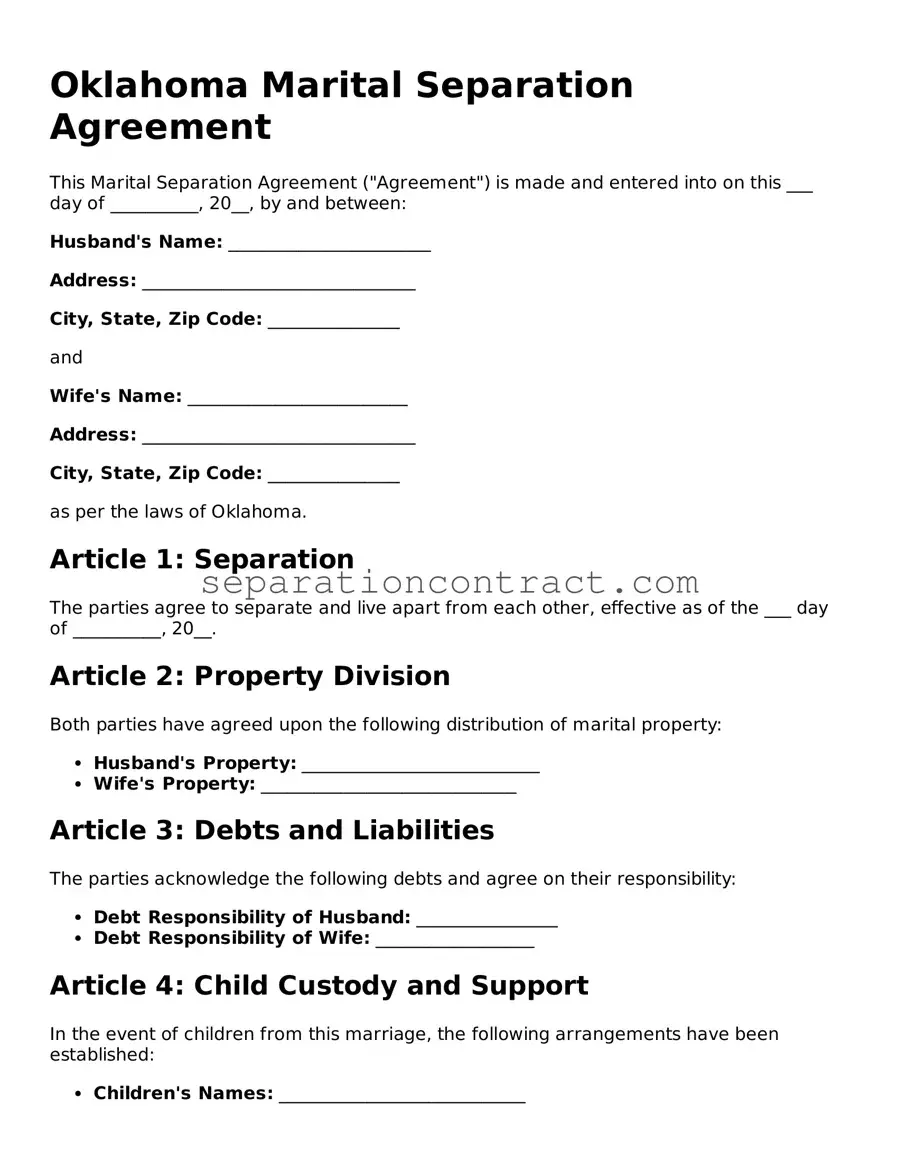 Valid Marital Separation Agreement Form for the State of Oklahoma