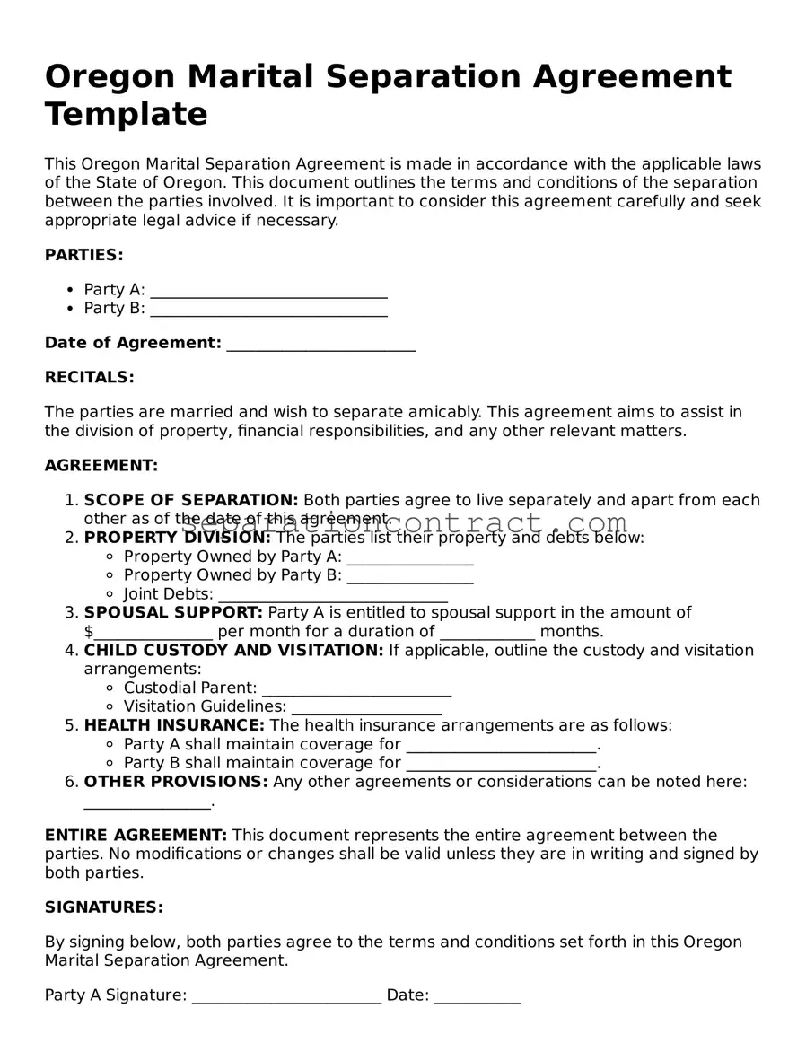 Valid Marital Separation Agreement Form for the State of Oregon