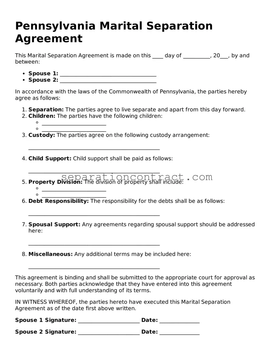 Valid Marital Separation Agreement Form for the State of Pennsylvania