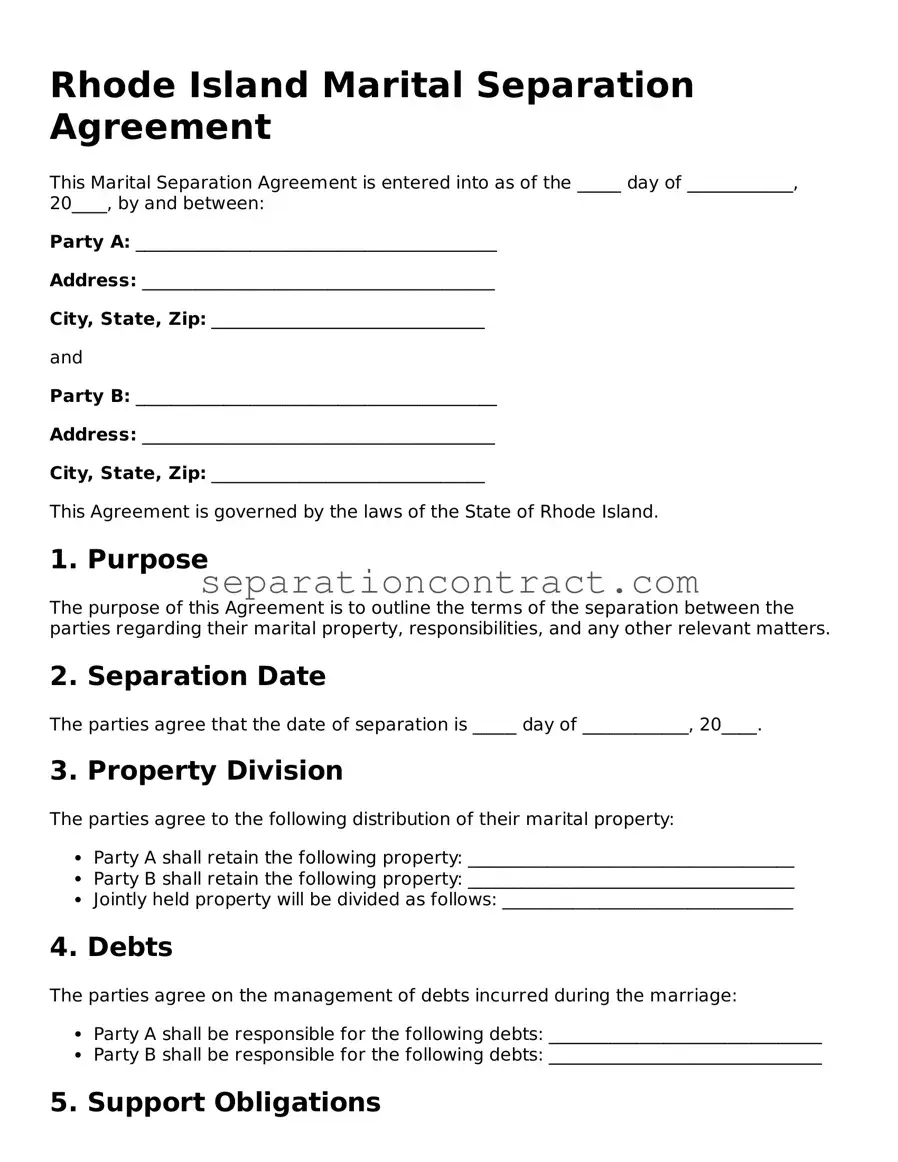Valid Marital Separation Agreement Form for the State of Rhode Island