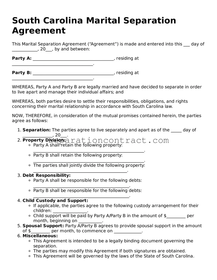 Valid Marital Separation Agreement Form for the State of South Carolina
