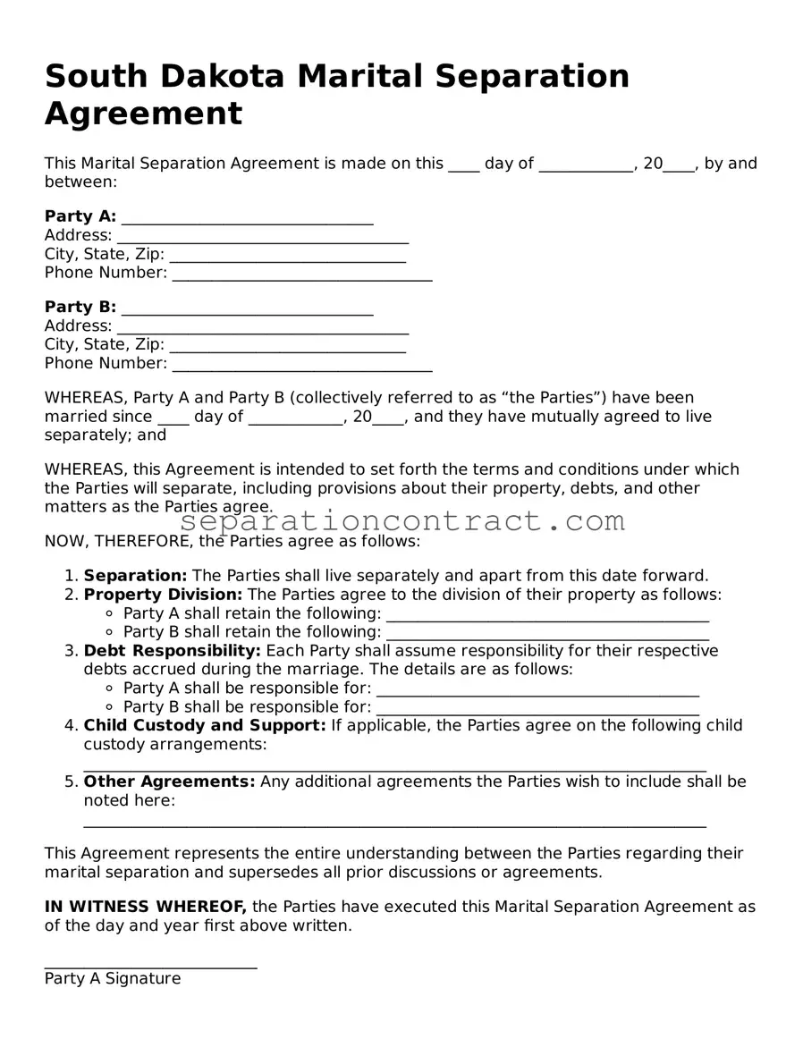 Valid Marital Separation Agreement Form for the State of South Dakota