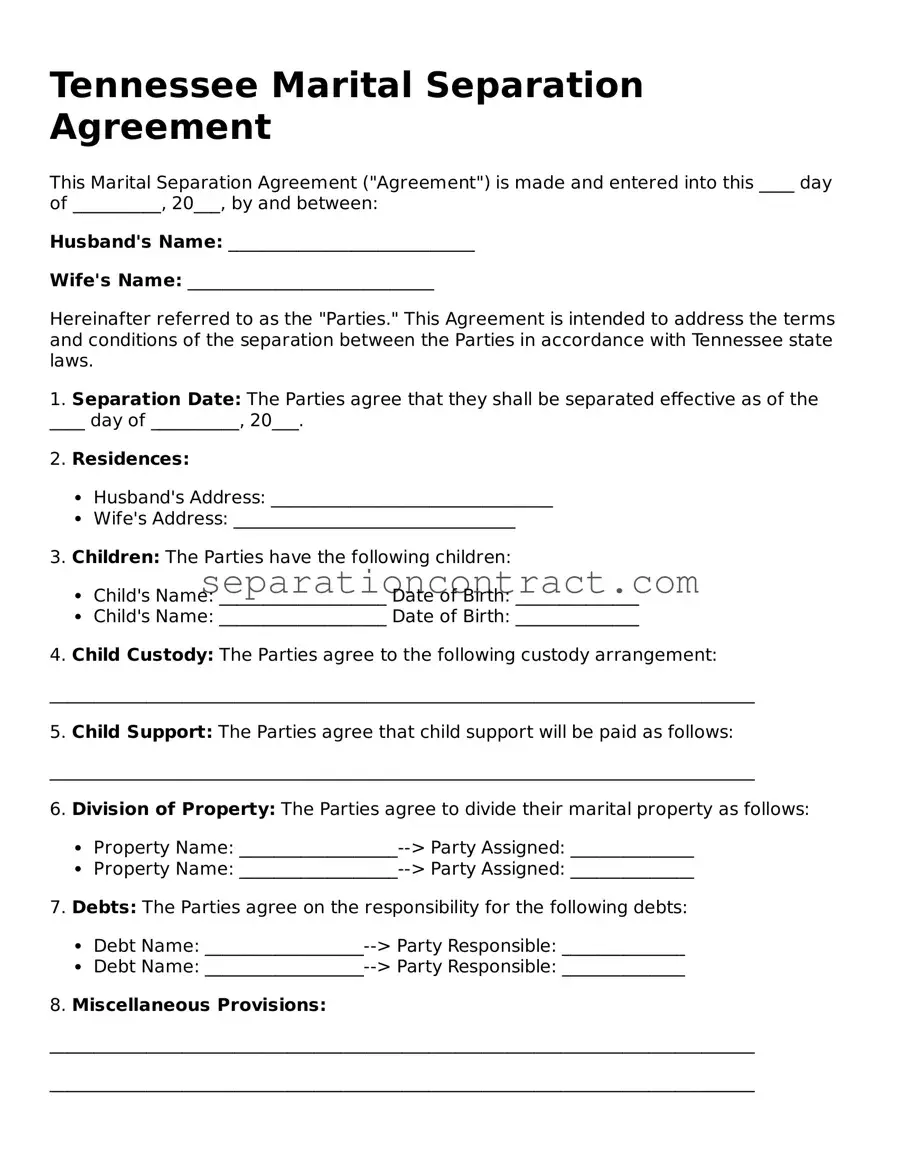 Valid Marital Separation Agreement Form for the State of Tennessee