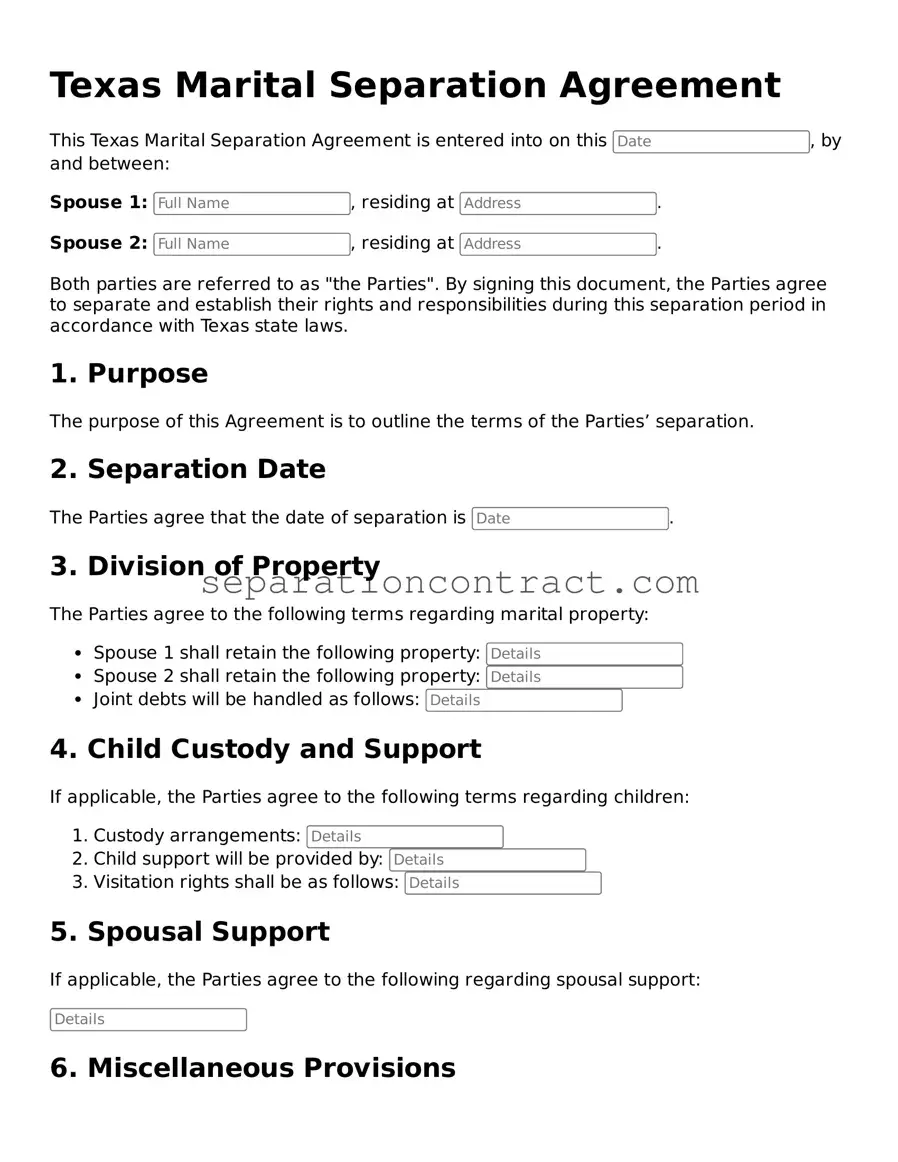 Valid Marital Separation Agreement Form for the State of Texas