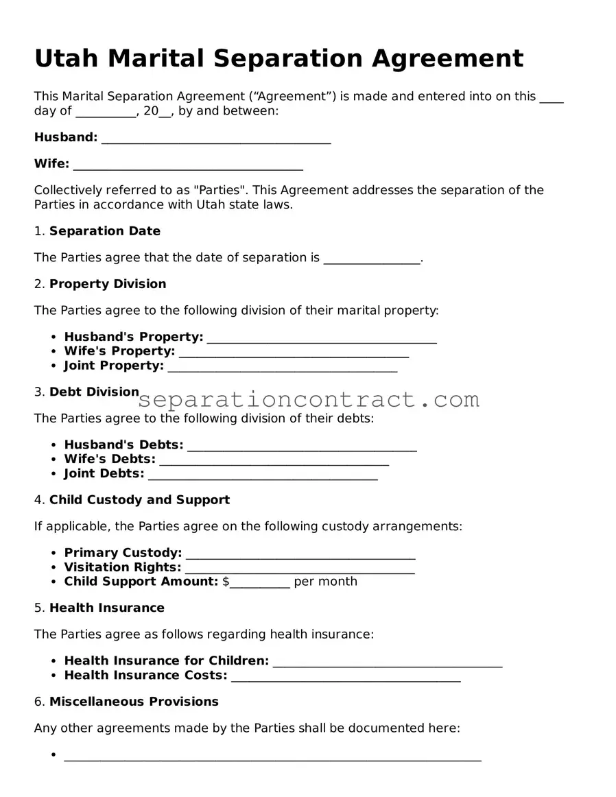 Valid Marital Separation Agreement Form for the State of Utah