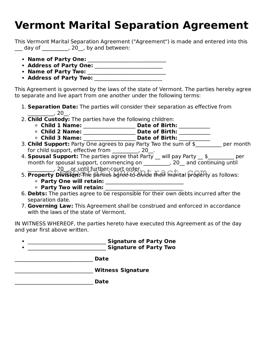 Valid Marital Separation Agreement Form for the State of Vermont