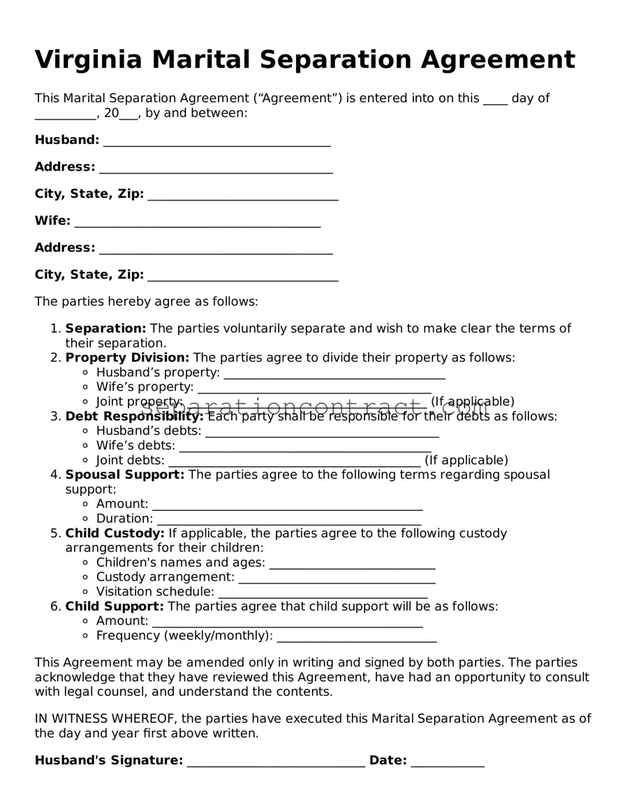 Valid Marital Separation Agreement Form for the State of Virginia