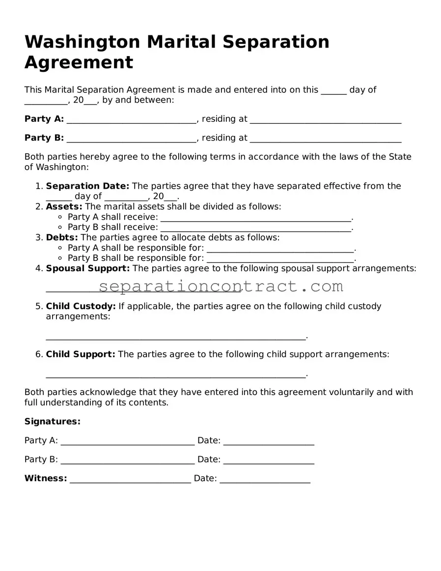 Valid Marital Separation Agreement Form for the State of Washington