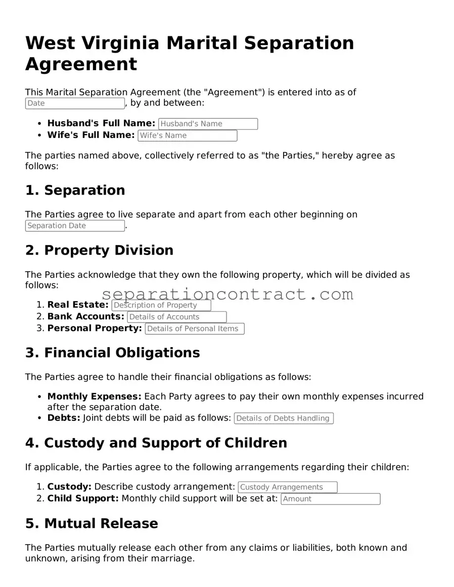 Valid Marital Separation Agreement Form for the State of West Virginia