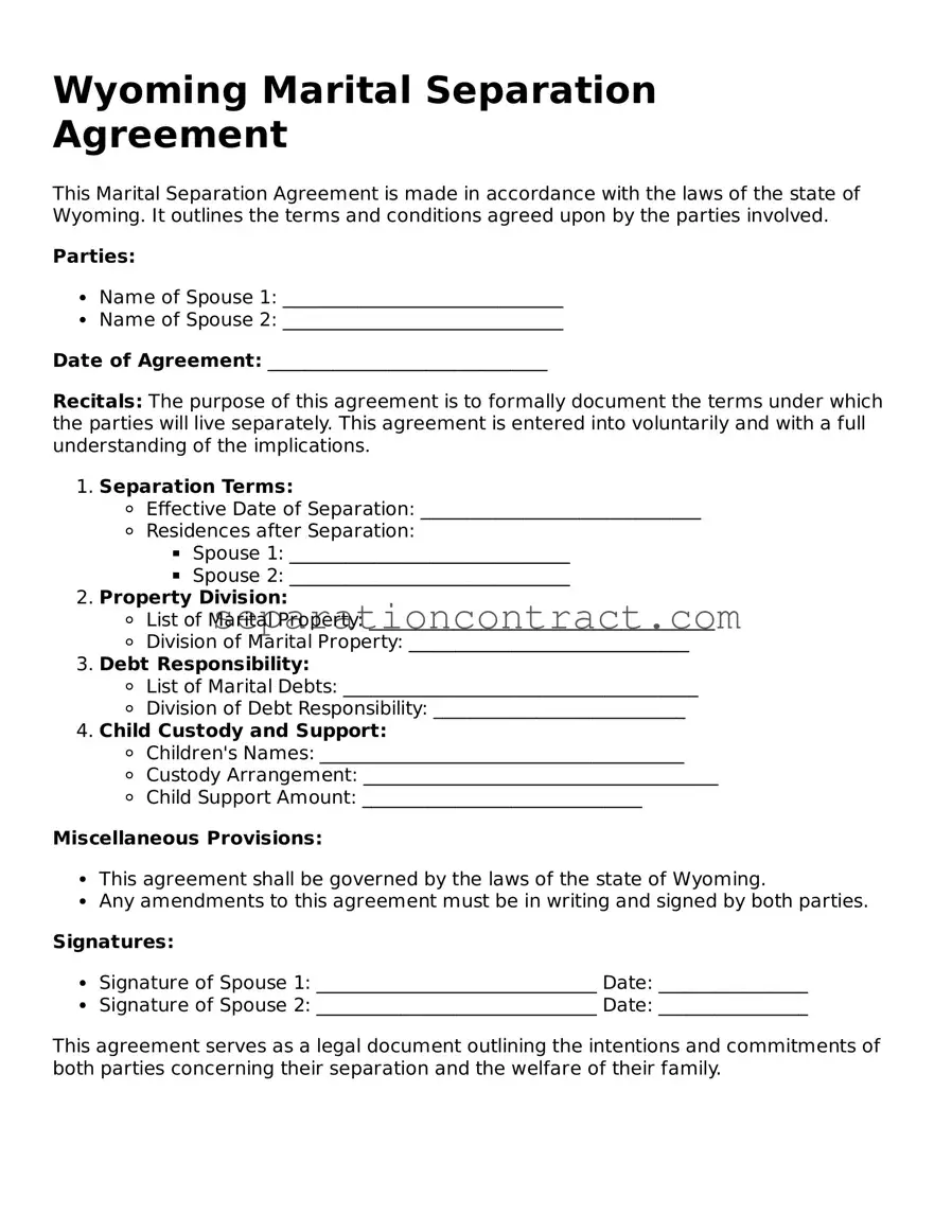 Valid Marital Separation Agreement Form for the State of Wyoming